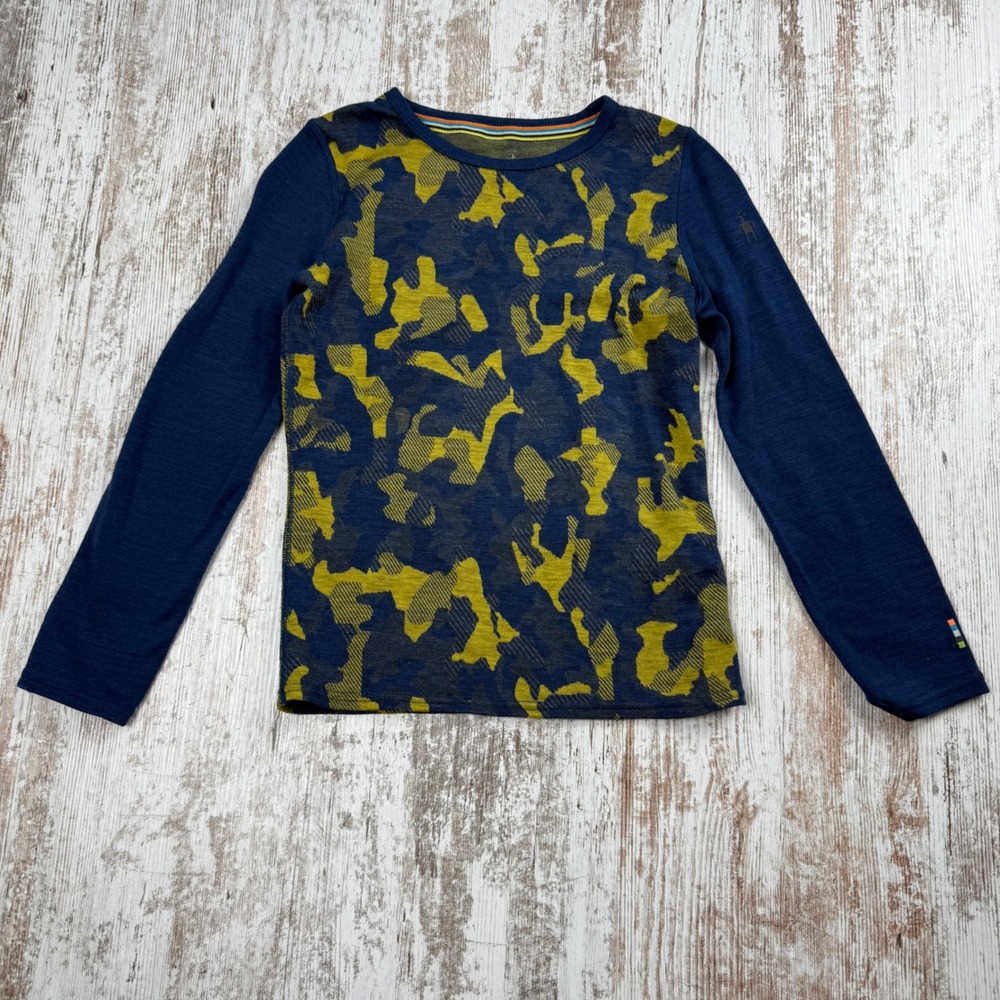Smartwool Merino 250 Base Layer Top Kids M Blue Lime Camo Long Sleeve Wool Shirt
